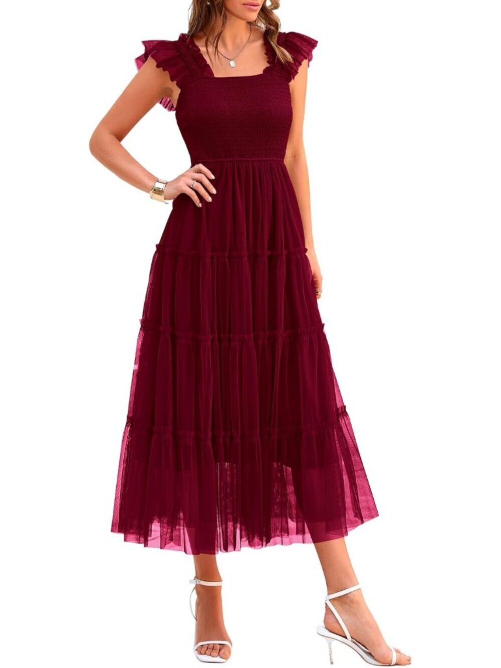 Women's Red Summer Midi Tulle Dress Sleeveless Smocked Square Neck Ruffle Dress